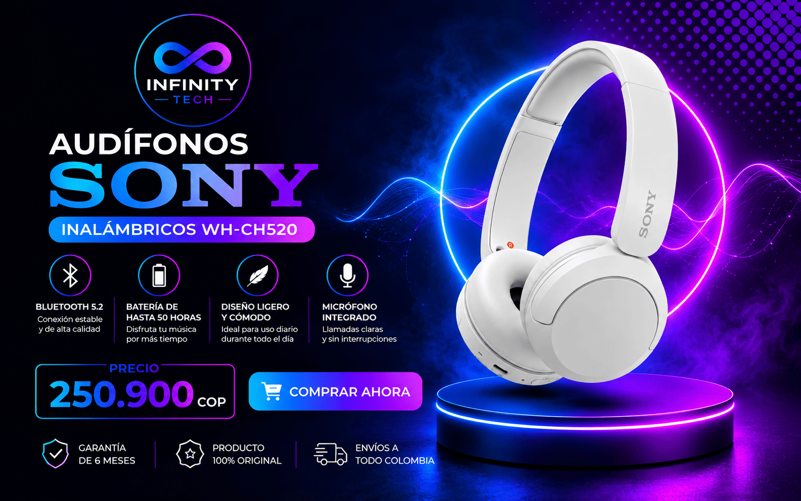 Audífonos Sony inalámbricos neón - mostrador -comprimido